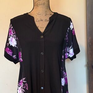 Black Floral Button-Front Womens Top with Purple Floral Accents